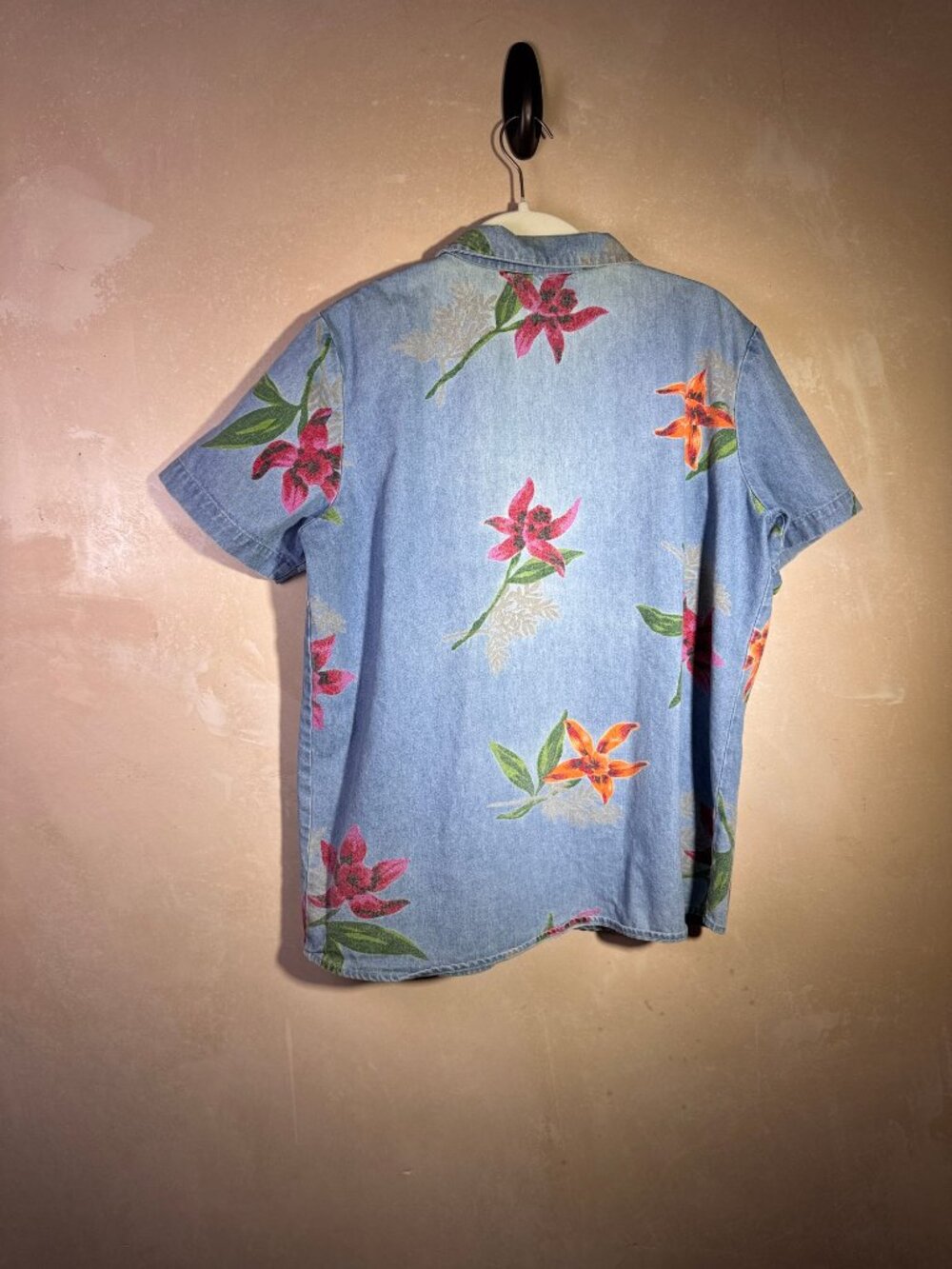 Tropical Floral Chambray Denim Camp Shirt Boxy M - Picture 2 of 11